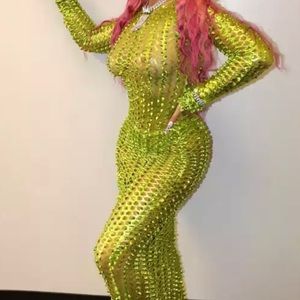 Women Long Sleeve Lime green Midi Dress with holes